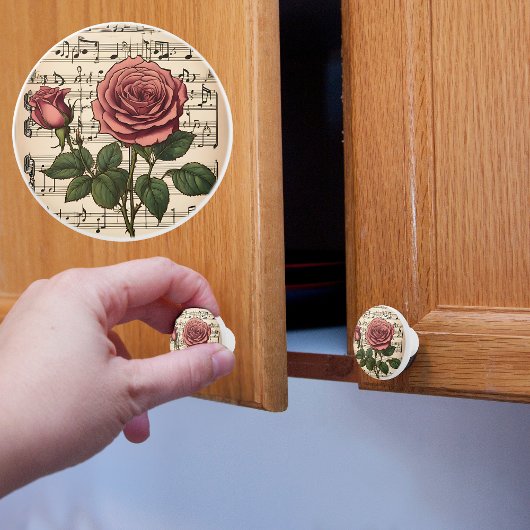 Victoriaans roze roos op bladmuziek keramische knop