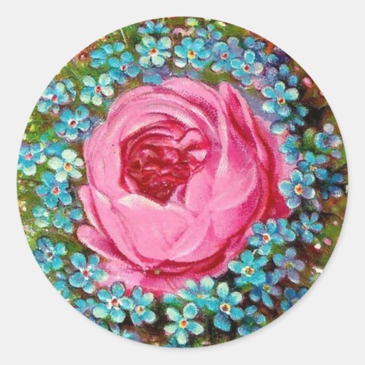  Victoriaans Roze Roze & Blauwe Bloemen Ronde Sticker (Voorkant)