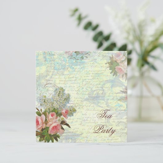 Victoriaans roze roze theepartij kaart (Staand voorkant)