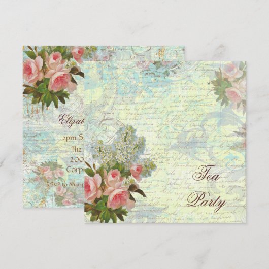 Victoriaans roze roze theepartij kaart (Voorkant / Achterkant)