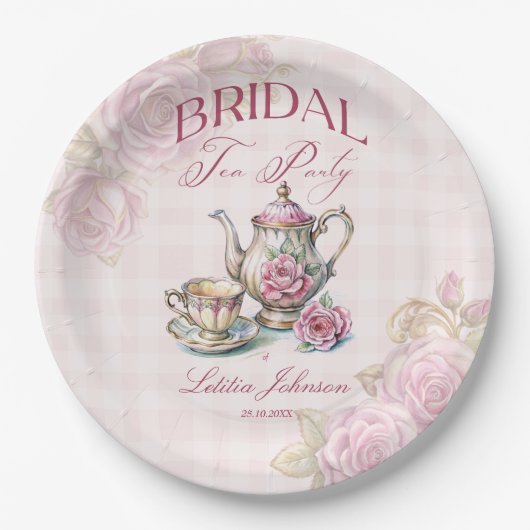  Victoriaans Roze Rozen Bruids Tea Party Papieren Bordje (Voorkant)
