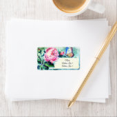 Victoriaans roze rozen en vlinder etiket (Insitu)