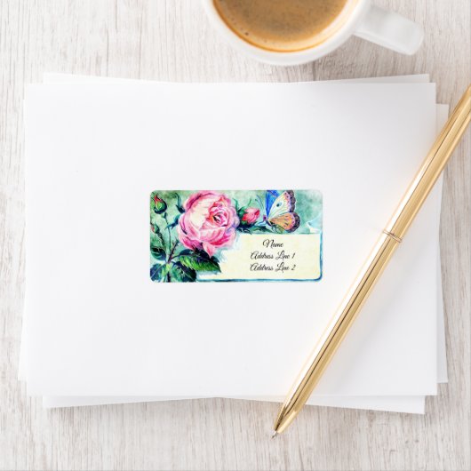 Victoriaans roze rozen en vlinder etiket (Insitu)