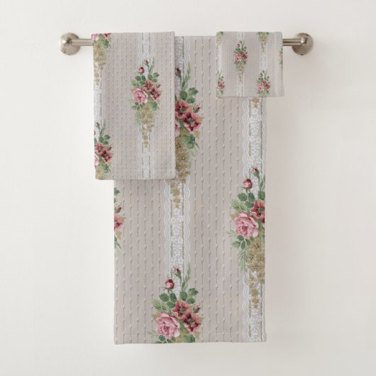 Victoriaans Roze Rozen en Wit Kant Bad Handdoek (Insitu)