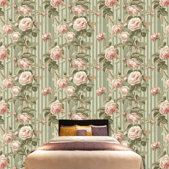  Victoriaans Roze Rozen Groen Gestreept Patroon Behang (Creator heeft geüpload)