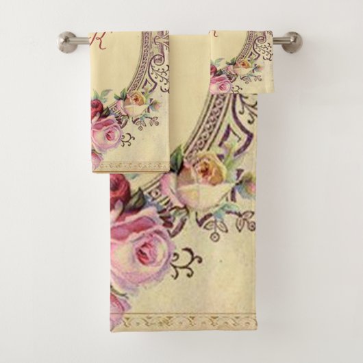  Victoriaans Roze Rozen Monogram Bad Handdoek (Insitu)