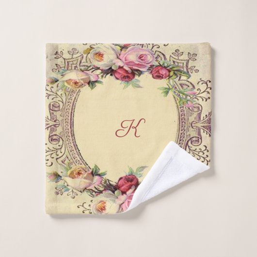  Victoriaans Roze Rozen Monogram Bad Handdoek (Wasdoekje)