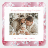 Victoriaans Roze Sneeuwvlok Kerstfoto Vierkante Sticker (Voorkant)