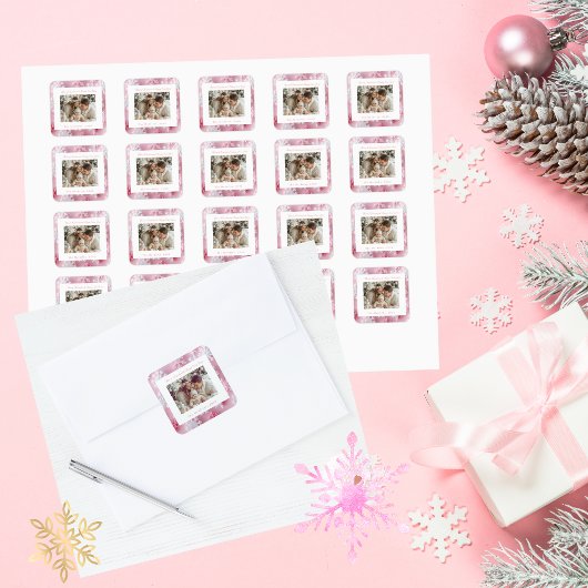 Victoriaans Roze Sneeuwvlok Kerstfoto Vierkante Sticker