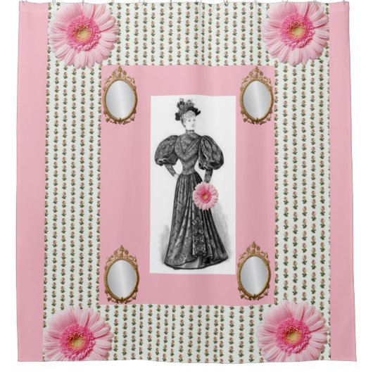 Victoriaans roze wit bloemgordijn douchegordijn (Voorkant)