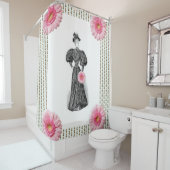 Victoriaans roze witte florale douchegordijn (In situ)