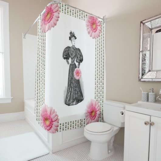 Victoriaans roze witte florale douchegordijn (In situ)