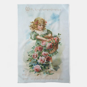Victoriaans Rozen Birthday Antiek Towel Theedoek