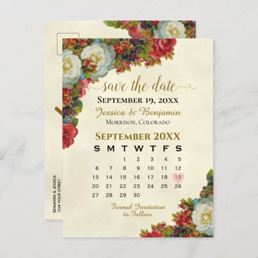 Victoriaans Rozen Bruiloft Bewaar de Datumkalender Aankondigingskaart (Voorkant / Achterkant)