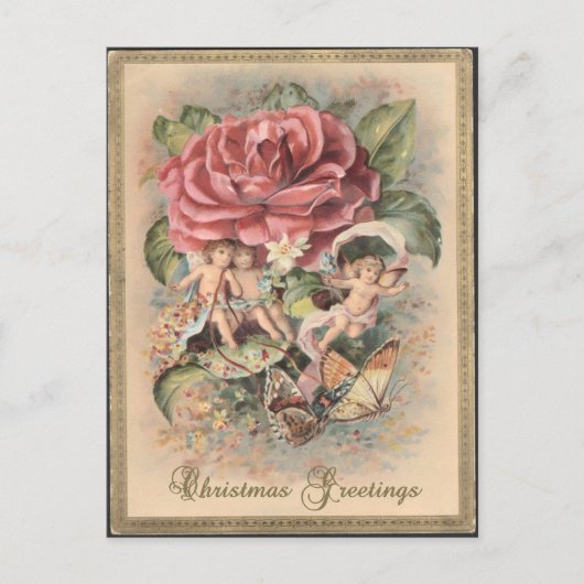 Victoriaans Rozen & Cherubs Kerst Briefkaart (Voorkant)