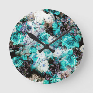 Victoriaans Rozen Floral turquoise blauwgroen zwar Ronde Klok