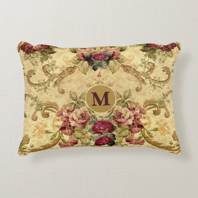  Victoriaans Rozen Mauve met gouden monogram Accent Kussen (Voorkant)