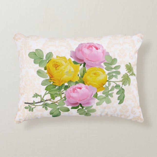 Victoriaans Rozen op Pastel Yellow Damask Accent Kussen (Voorkant)