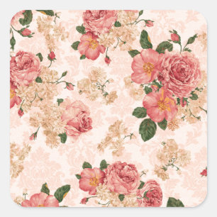  Victoriaans Rozen op Pink Damask Vierkante Sticker