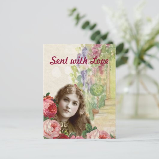 Victoriaans Rozen Vrouw Briefkaart (Staand voorkant)