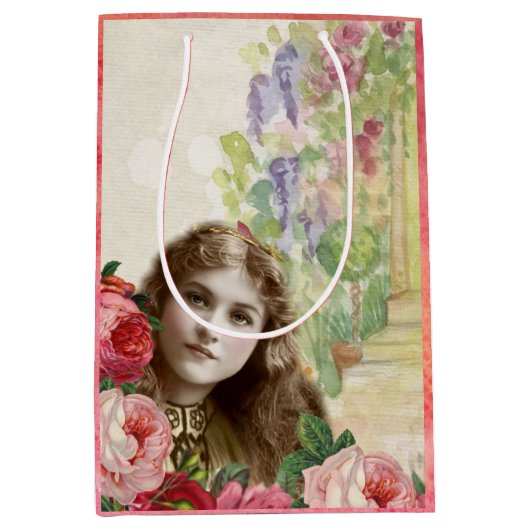 Victoriaans Rozen Vrouw Ventilator Gift Bag Medium Cadeauzakje (Voorkant)