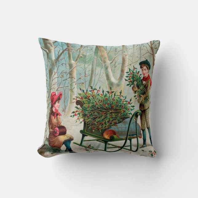 , Victoriaans, rustisch, kerstmis, patroon, meisje Kussen (Voorkant)