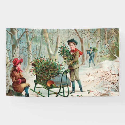 , Victoriaans, rustisch, kerstmis, patroon, meisje Spandoek (Horizontaal)