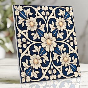 Victoriaans saffierblauw en ivoorkleurige madelief tegeltje