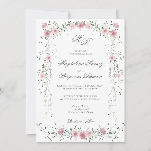 Victoriaans Sage Blush Roze Bloemen Wijnstok Weddi Kaart (Voorkant)