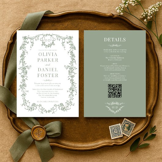 Victoriaans Sage Green Alles in één bruiloft Monog Kaart
