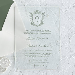 Victoriaans Sage Green Catholic Wedding Acryl Uitnodigingen