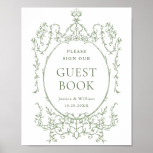 Victoriaans  Sage Green Floral Guestbook Sign Poster