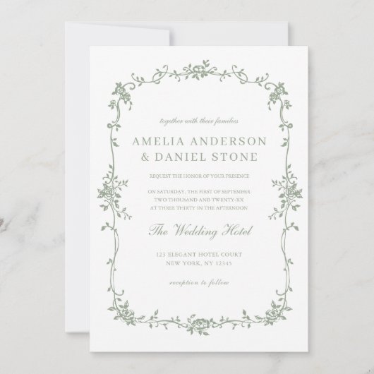 Victoriaans  Sage Green Floral Wedding Kaart (Voorkant)