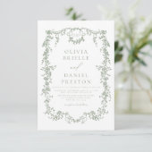 Victoriaans Sage Green Floral Wedding Monogram Kaart (Staand voorkant)