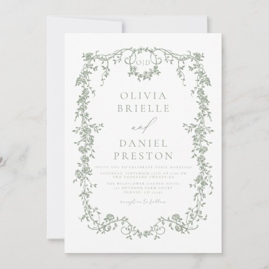 Victoriaans Sage Green Floral Wedding Monogram Kaart (Voorkant)