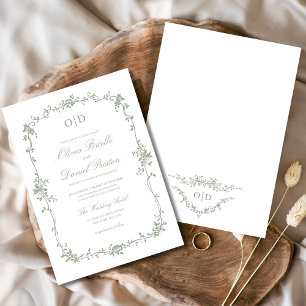 Victoriaans Sage Green Floral Wedding Monogram Kaart
