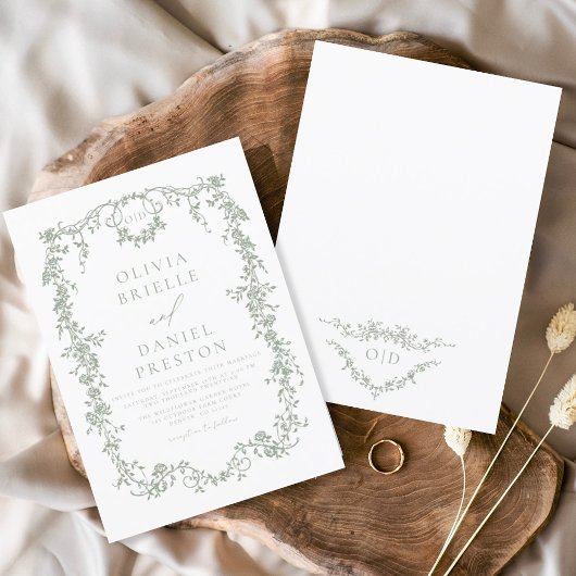 Victoriaans Sage Green Floral Wedding Monogram Kaart