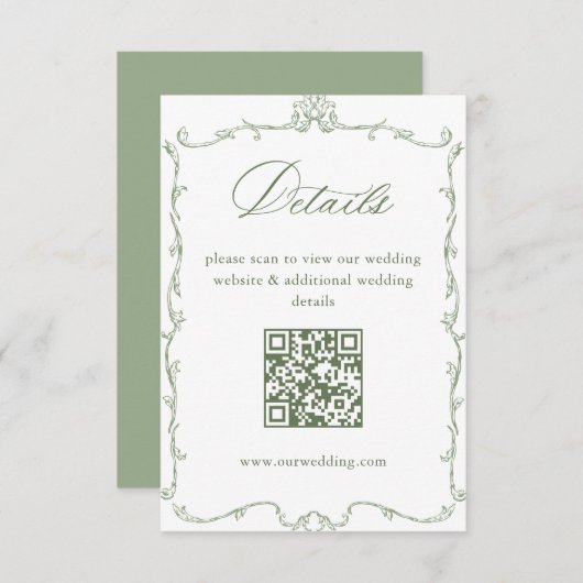 Victoriaans Sage Green Wedding Details QR-code Informatiekaartje (Voorkant / Achterkant)