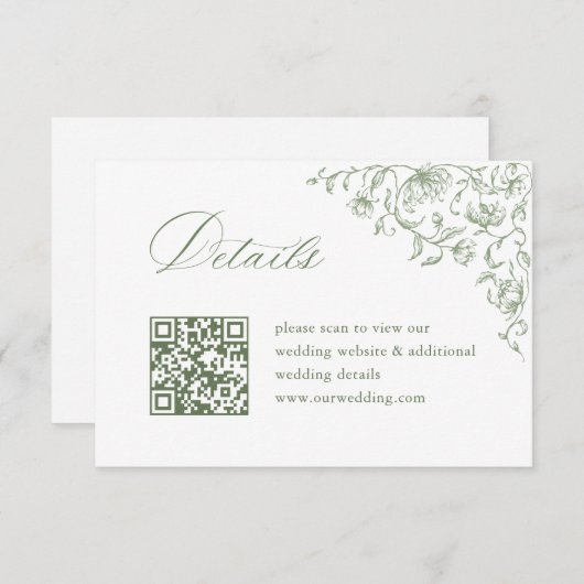 Victoriaans Sage Green Wedding QR code Details Informatiekaartje (Voorkant / Achterkant)