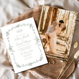 Victoriaans Sage Groene Foto Monogram Huwelijk Kaart