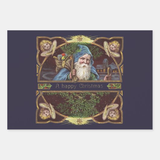 Victoriaans Santa Angels Kerst Antiek Inpakpapier Vel (Voorkant)