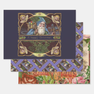 Victoriaans Santa Angels Kerst Antiek Inpakpapier Vel