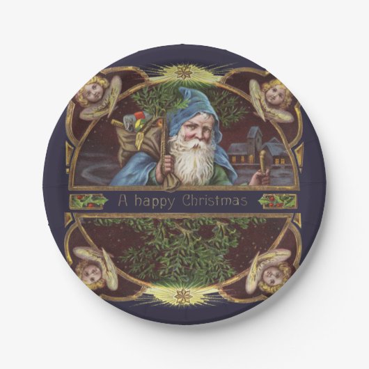 Victoriaans Santa Angels Kerst Antiek Papieren Bordje (Voorkant)