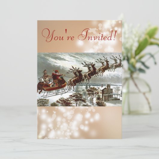 Victoriaans Santa Claus Reindeer en Sleigh Kaart (Staand voorkant)