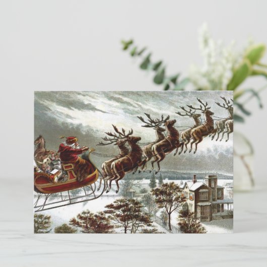Victoriaans Santa Claus Reindeer en Sleigh Kaart (Staand voorkant)