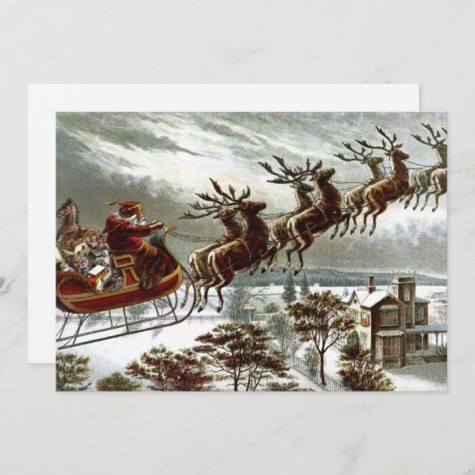 Victoriaans Santa Claus Reindeer en Sleigh Kaart (Voorkant / Achterkant)