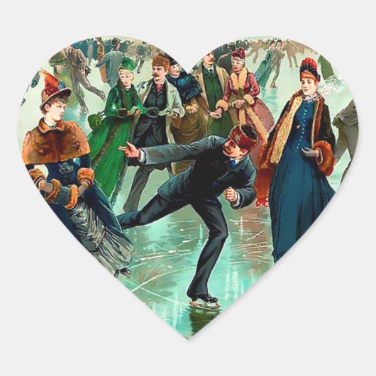 Victoriaans schaatsen winterseizoen hart sticker (Voorkant)