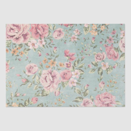 Victoriaans shabby chic bleek blauw florrood Tissuepapier (Voorkant)