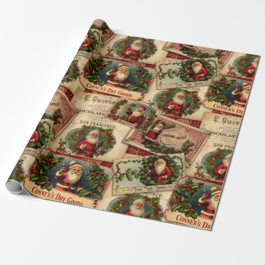 Victoriaans Sinterklaas Reclame Collage Cadeaupapier (Uitgerold)