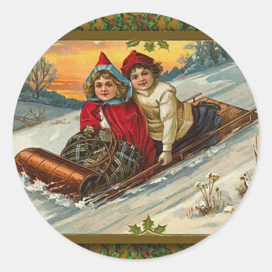  Victoriaans Sledding Illustratie op Kaarten Ronde Sticker (Voorkant)